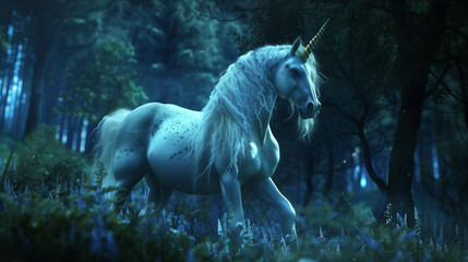 Majestic white unicorn with a golden horn, standing amidst a mystical forest illuminated by ethereal light of the moon at night, surrounded by blooming flowers.
