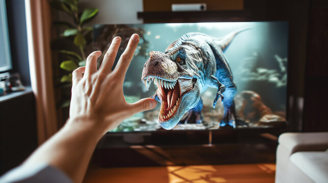 Widescreen TV with 4K hyper realistic 3D film with a dinosaur that crawls out of the TV screen and a frightened gesture of a man’s hands. first-person view.
