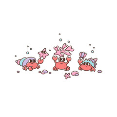 Funny sea or marine crabs with cute starfish, coral, beautiful seashell on the beach. Colorful illustration crustacean animals. Сartoon characters