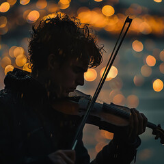 Fototapeta premium Sorrowful violin, gentle melody, lonely man finding solace in music, a cinematic moment of reflection and melancholy Realistic, Soft lighting, Depth of field bokeh effect