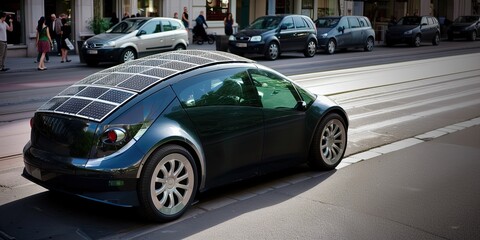Modern high-tech eco electric car on city street or road, with solar panel, Green energy and...
