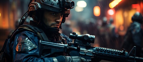 Portrait of a special forces soldier with assault rifle in the night city
