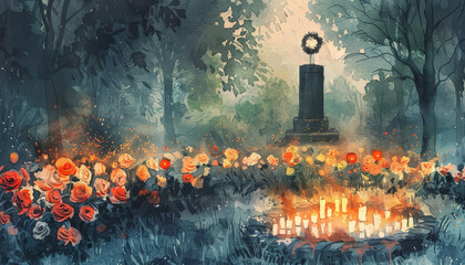 A painting of a cemetery with a candle in the center - obrazy, fototapety, plakaty