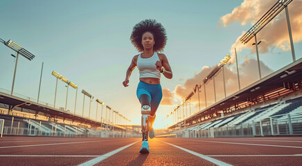 young black woman with robotic leg prosthesis jogging at the sports stadium outside in morning, african-american girl running outdoors, AI generated - obrazy, fototapety, plakaty