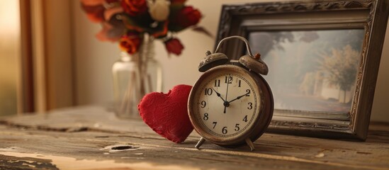 Alarm clock, heart, and picture frame displayed on the table for demonstration purposes.