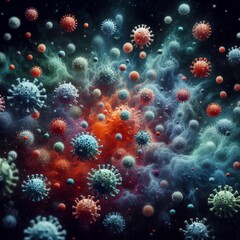 Fototapeta na wymiar An artistic representation of various viruses at a microscopic level, rendered in vivid colors. The image portrays the unseen threat of germs and the significance of medical research. AI generation