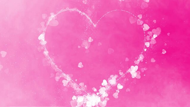 Pink background with heart particle effect running in the shape of a heart