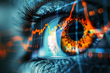 Futuristic visualization of a financial graph on a human eye background, indicating stock market trends