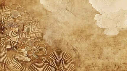 Abstract background in retro Japanese engraving style, stylized oriental traditional landscape with sunset and sea waves, AI generated