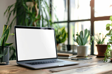 An ideal workspace setup, featuring a laptop with a blank screen for mockups, positioned on a wooden desk