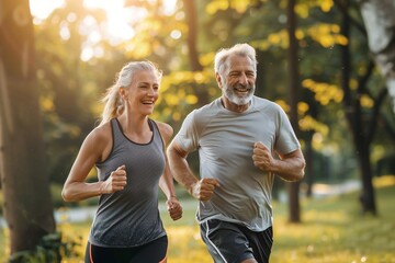 Fototapeta premium Smiling senior couple jogging in the park