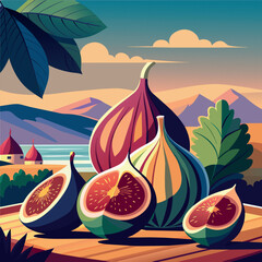 Fig fruit lying on a wooden table on the background of a bright landscape. Vector illustration