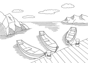 Sea boat graphic black white landscape sketch illustration vector 