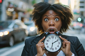 Businesswoman showing an alarm clock, expressing surprise and urgency during rush hour in an urban setting - obrazy, fototapety, plakaty