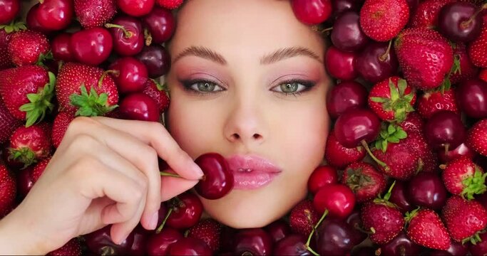 Beautiful woman holds cherry close to face. Beautiful woman with fashion makeup on  vivid background from berries. Colorful image. Sweet fruits around female face with pink eye make-up. Art concept..