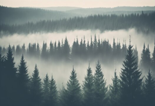 Forest of Norway, aerial photography. Norwegian forest in the fog. Beautiful natural background.