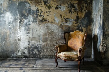 Vintage Leather Chair in an Abandoned Room with Grunge Wall Background