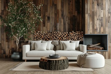 Scandinavian Chic: Modern Living Room with Tree Stump Coffee Table and Fireplace
