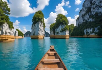 Obraz premium Front view from a wooden boat on turquoise water with two large limestone karsts in the background under a blue sky with clouds