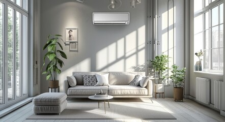 Stylish Bedroom Climate Control: Air Conditioning in Modern Interior - obrazy, fototapety, plakaty