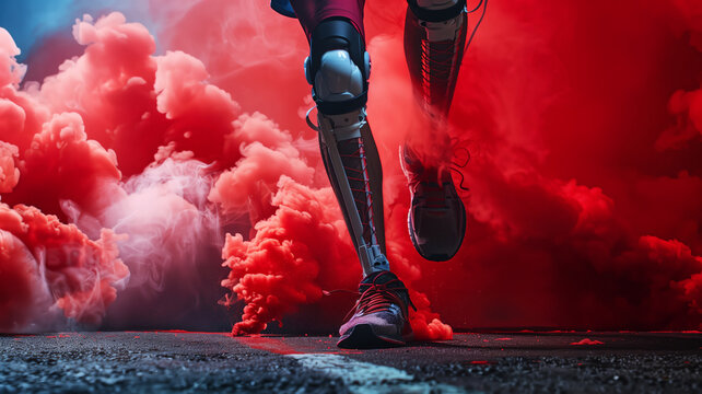 Close-up on artificial legs prothesis running, racing for the Paralympic games in Paris olympic games 2024 in France.
