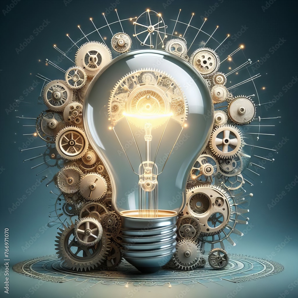 Poster a lightbulb overflows with gears, symbolizing innovation. this creative representation merges techno