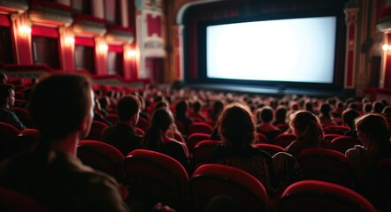 Silhouetted Cinema Audience in Front of Blank Projection Screen with Red Accents