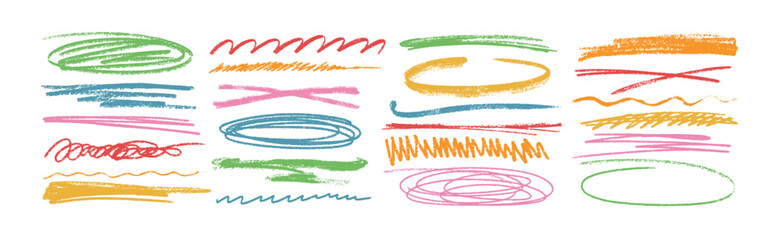 Colorful charcoal texture underline, squiggly lines, squiggles vector set. Pencil drawn stripes, scribbles, thin or rough strokes on white background. Grunge crayon emphasis and marker strikethroughs.