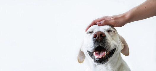 A man's hand strokes a white Labrador dog's head on a white background with copy space. Pet care...