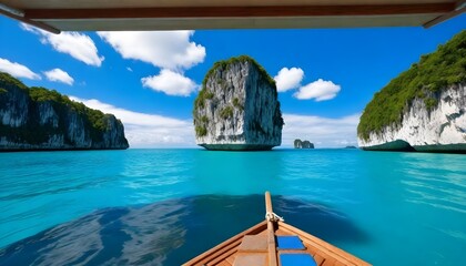Front view from a wooden boat on turquoise water with two large limestone karsts in the background under a blue sky with clouds