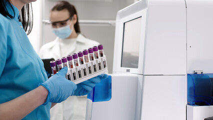 The scientist places blood samples into a modern automated blood chemistry device and monitors the results. Modern research laboratory and medical research.