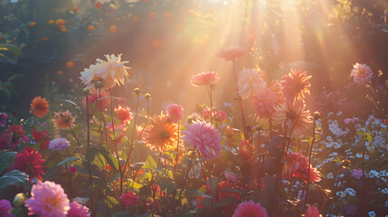 colorful blooms in a garden full of sunshine