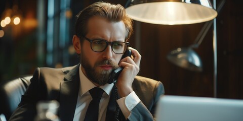 A businessman who is serious and has a busy day is on the phone. - obrazy, fototapety, plakaty