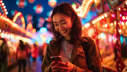 Joyful Asian Woman Using Smartphone at Vibrant Amusement Park - obrazy, fototapety, plakaty