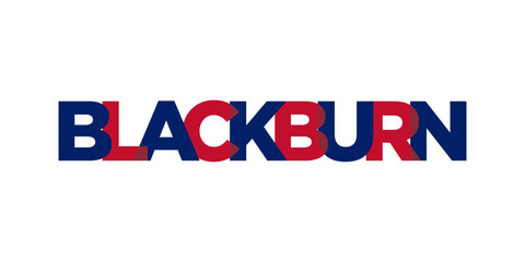 Blackburn city in the United Kingdom design features a geometric style illustration with bold typography in a modern font on white background.