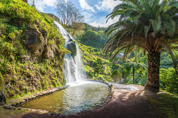Discover the enchanting Ribeira dos Caldeiroes Park in Sao Miguel, a serene Azorean haven featuring lush landscapes and cascading waterfalls. - 766972071