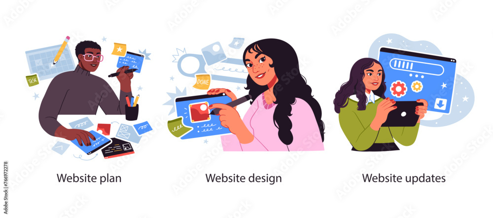 Sticker web development life cycle- set of business concept illustrations. visual stories collection