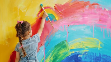Banner of unidentified little girl is painting the colorful rainbow and sky on the wall