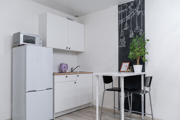 a small modern bright kitchen with grey furniture and household appliances