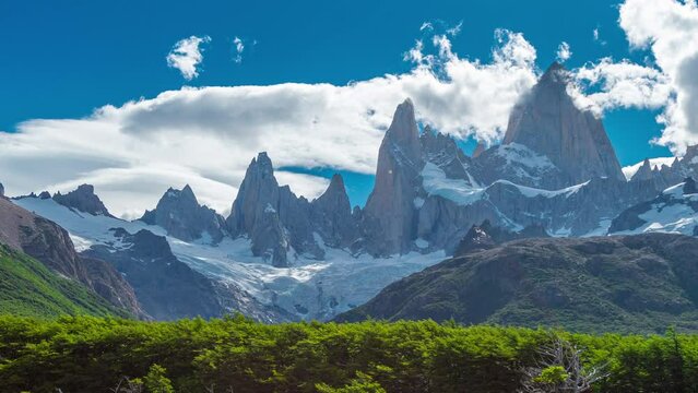 Timelapse of Fitz Roy mountain in El Chanten, on the border between Argentina and Chile, Los Glaciares National Park, Patagonia, Argentina.