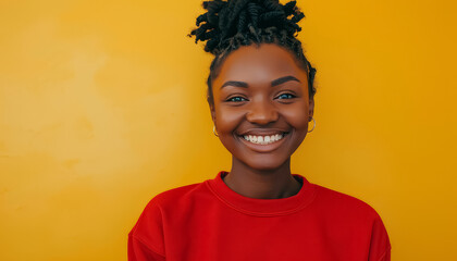 A woman with dreadlocks is smiling and wearing a red shirt