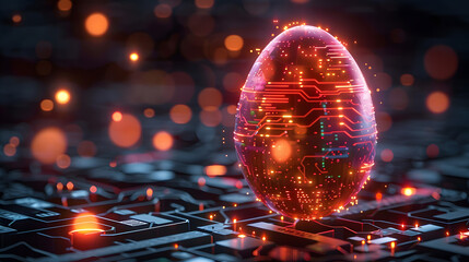 Glowing digital modern illustration of an abstract 3D egg with circuit board texture. Greeting card in tech futuristic style. - obrazy, fototapety, plakaty