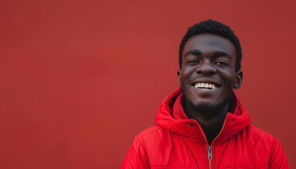 A man in a red jacket is smiling and looking at the camera