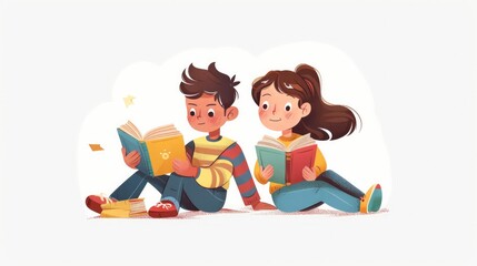 Cute boy and girl are relaxing and enjoying reading books. 