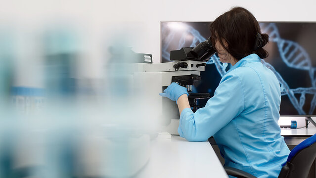 Medical scientific laboratory. Professional biotechnologist developing drugs. A female biochemist working at a computer with an image of genetic research in the background.