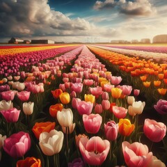 A breathtaking view of colorful tulip fields under a dramatic sky, the setting sun casts a warm glow over the blooms. The precise rows lead the eye towards the horizon, accentuating the vastness of