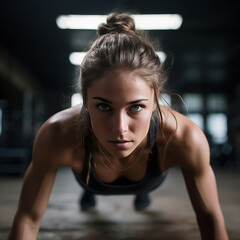 Portrait of a beautiful young woman doing push-ups in the gym