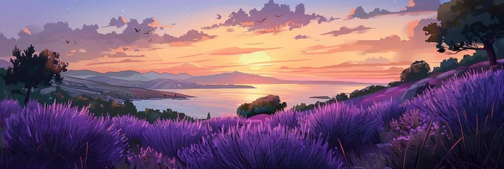 Foto op Canvas Stylized Lavender Fields on Hvar Island with Majestic Sunset and Serene Seascapes © Rade Kolbas