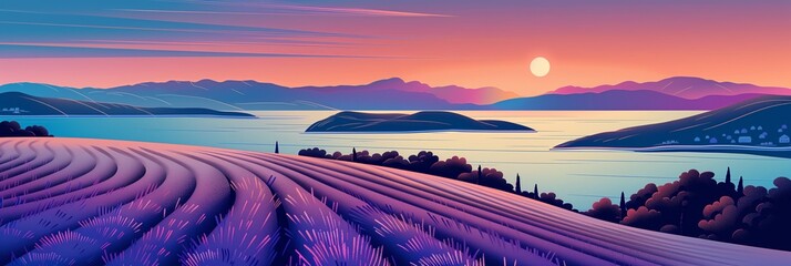 Stylized Lavender Fields on Hvar Island with Majestic Sunset and Serene Seascapes - obrazy, fototapety, plakaty