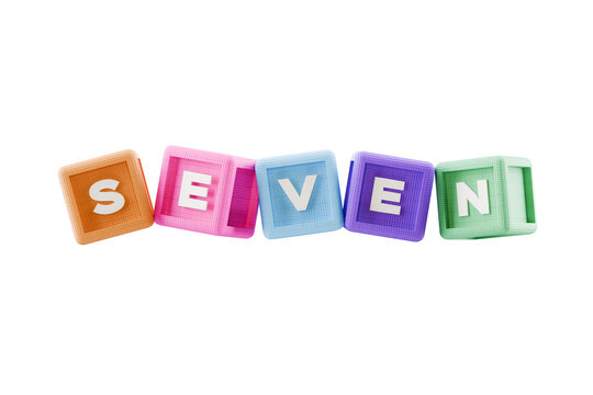 number seven text on 3d colourful building block cubes, on transparent background
